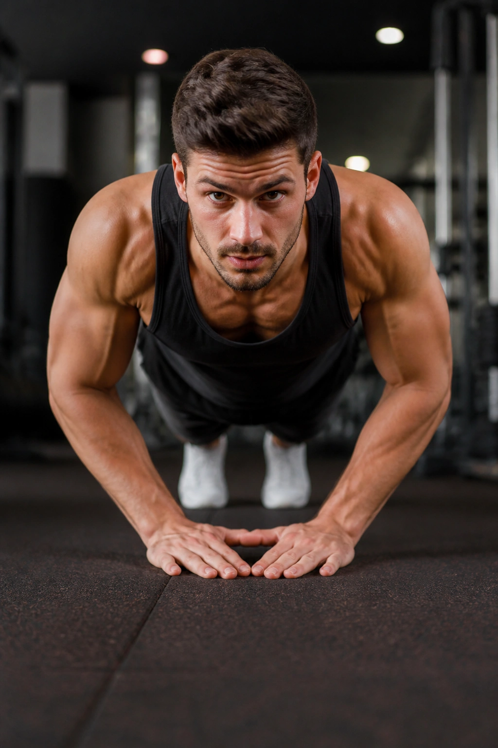 Person in diamond push-up position on gym mat