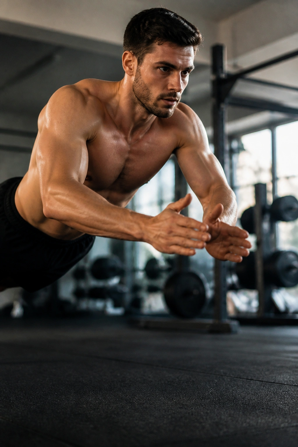 Explosive push-up plyometrics in action, athlete mid-clap on a bench in a gym