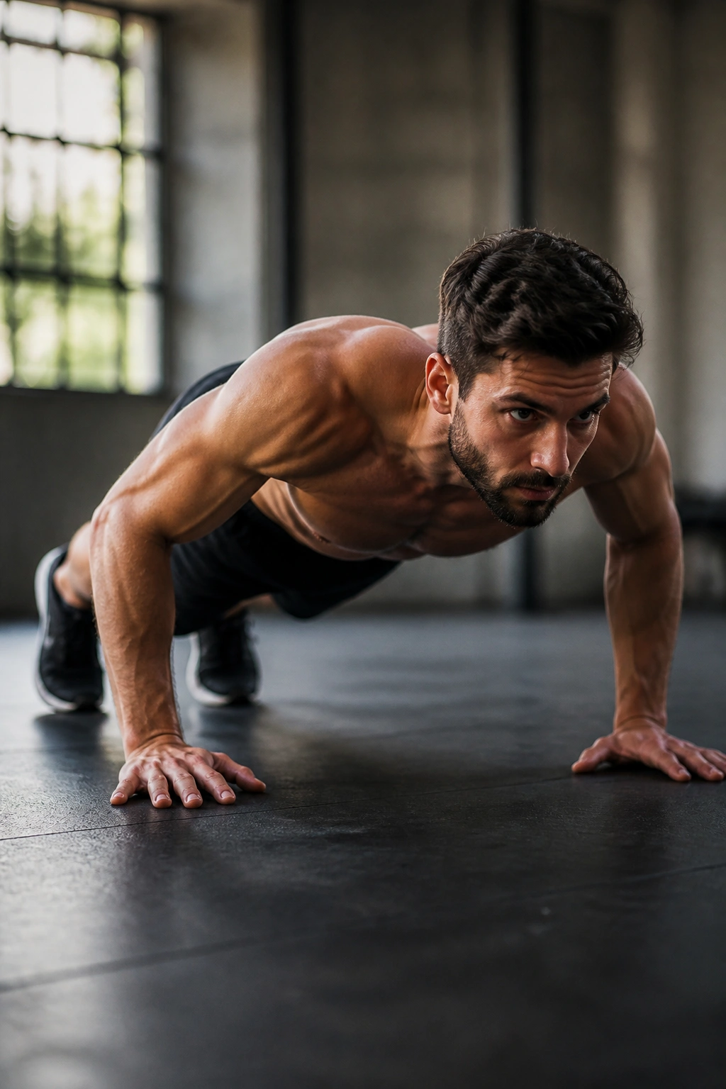 Real person in push-up position on gym floor showing proper form