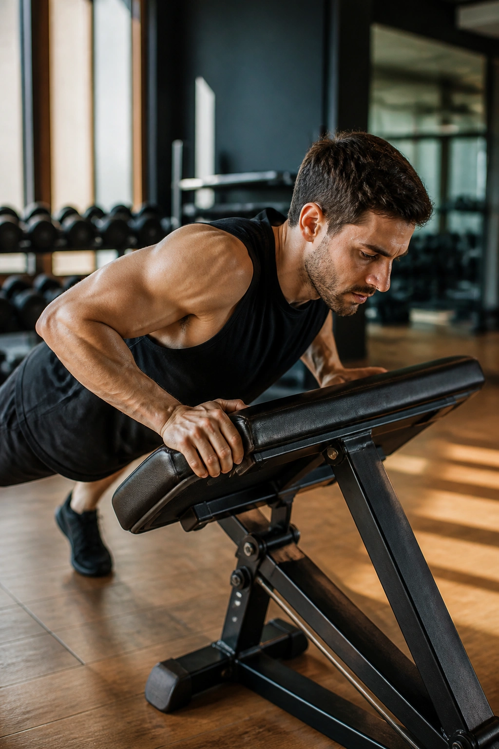 Close-up of a person performing incline push-ups, showcasing engaged chest and arms