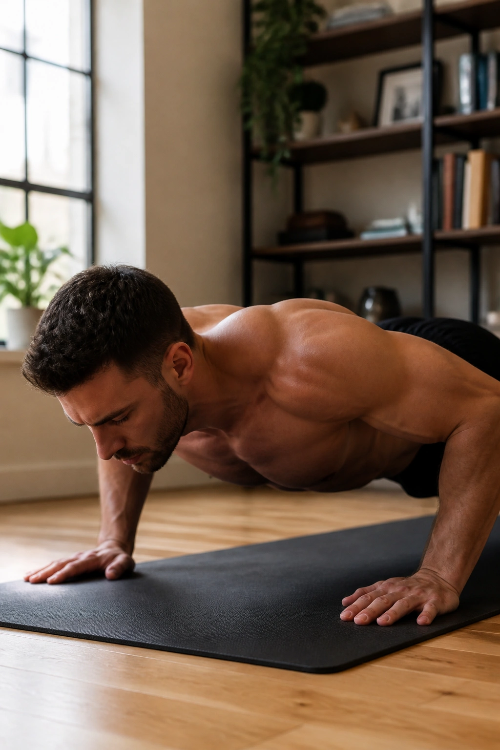 Person performing push-ups on a mat in home setting