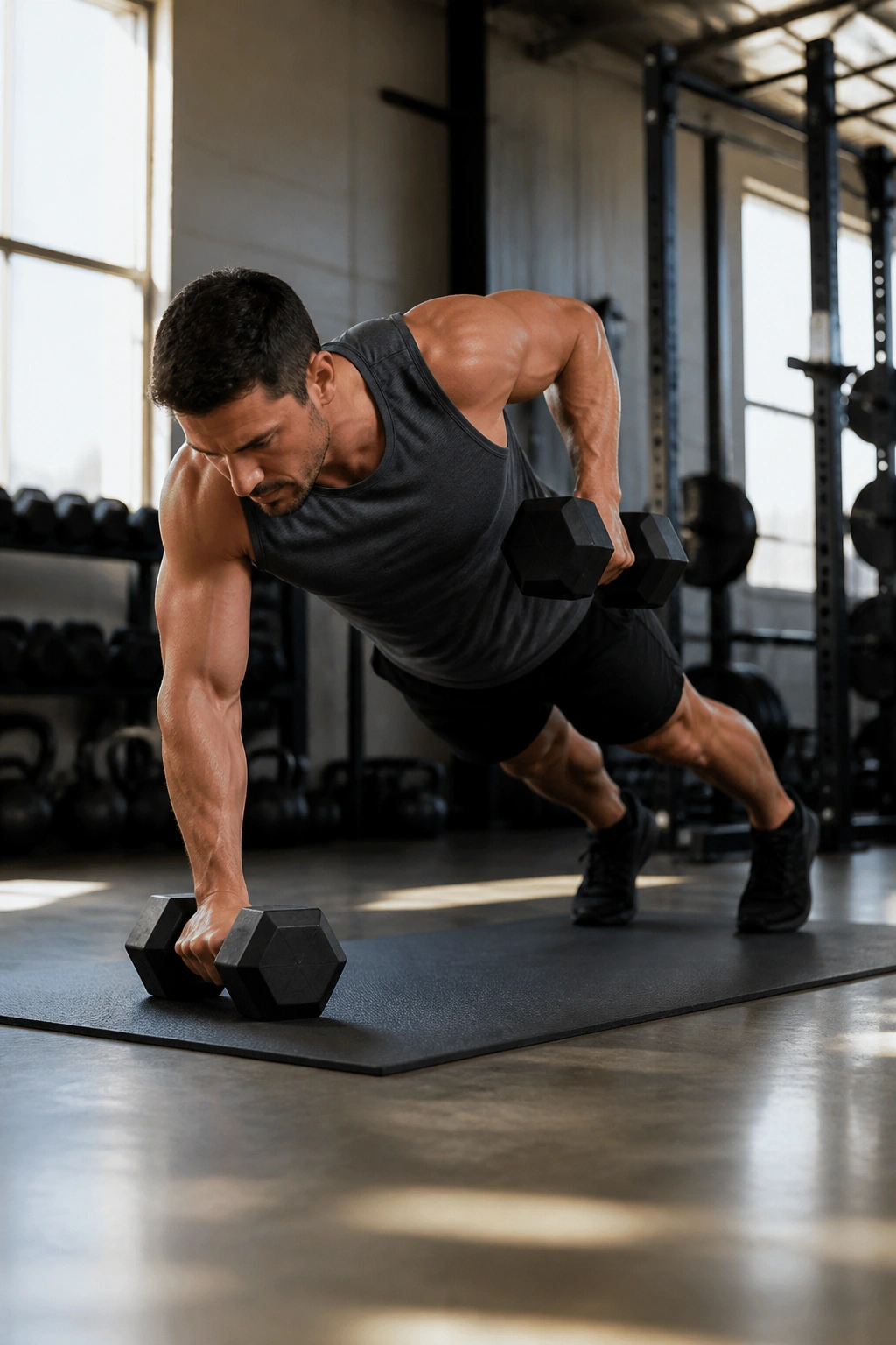 Person performing renegade push-up with dumbbell row on a workout mat