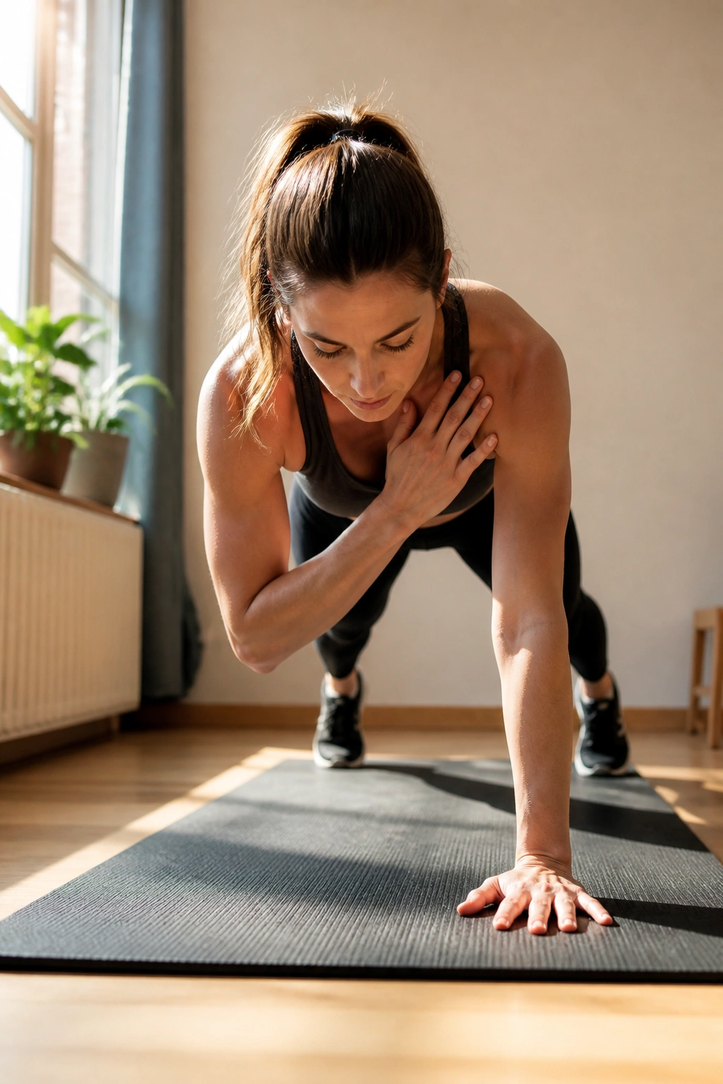 Person in high plank performing shoulder taps in a bright home workout space