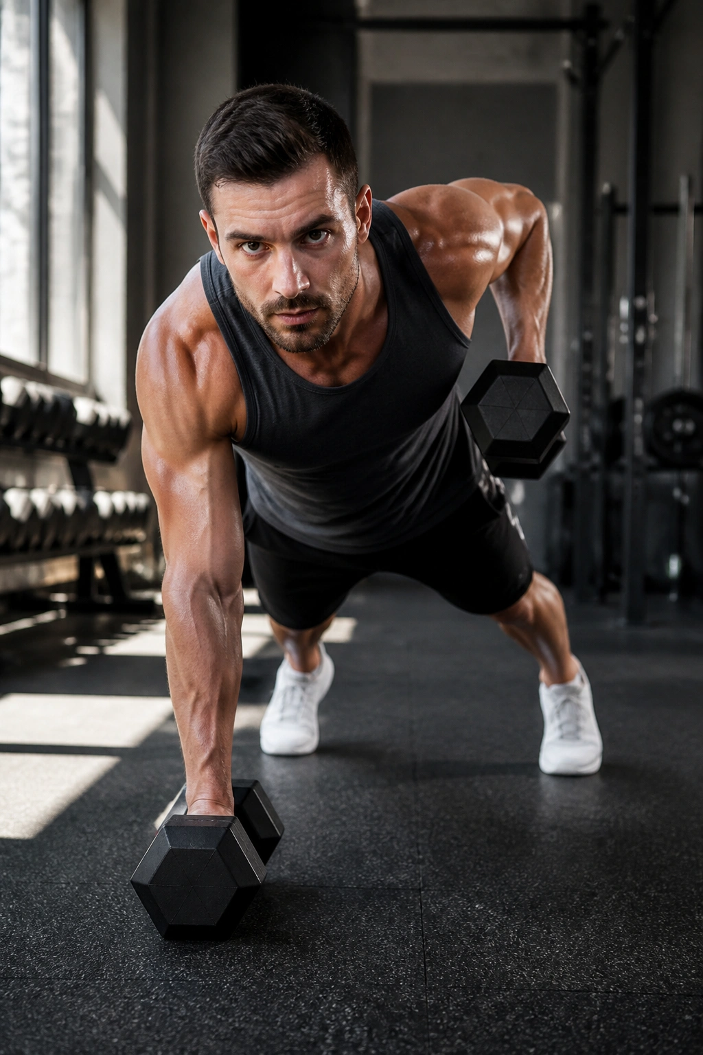 Real person performing renegade push-ups and dumbbell rows in a gym