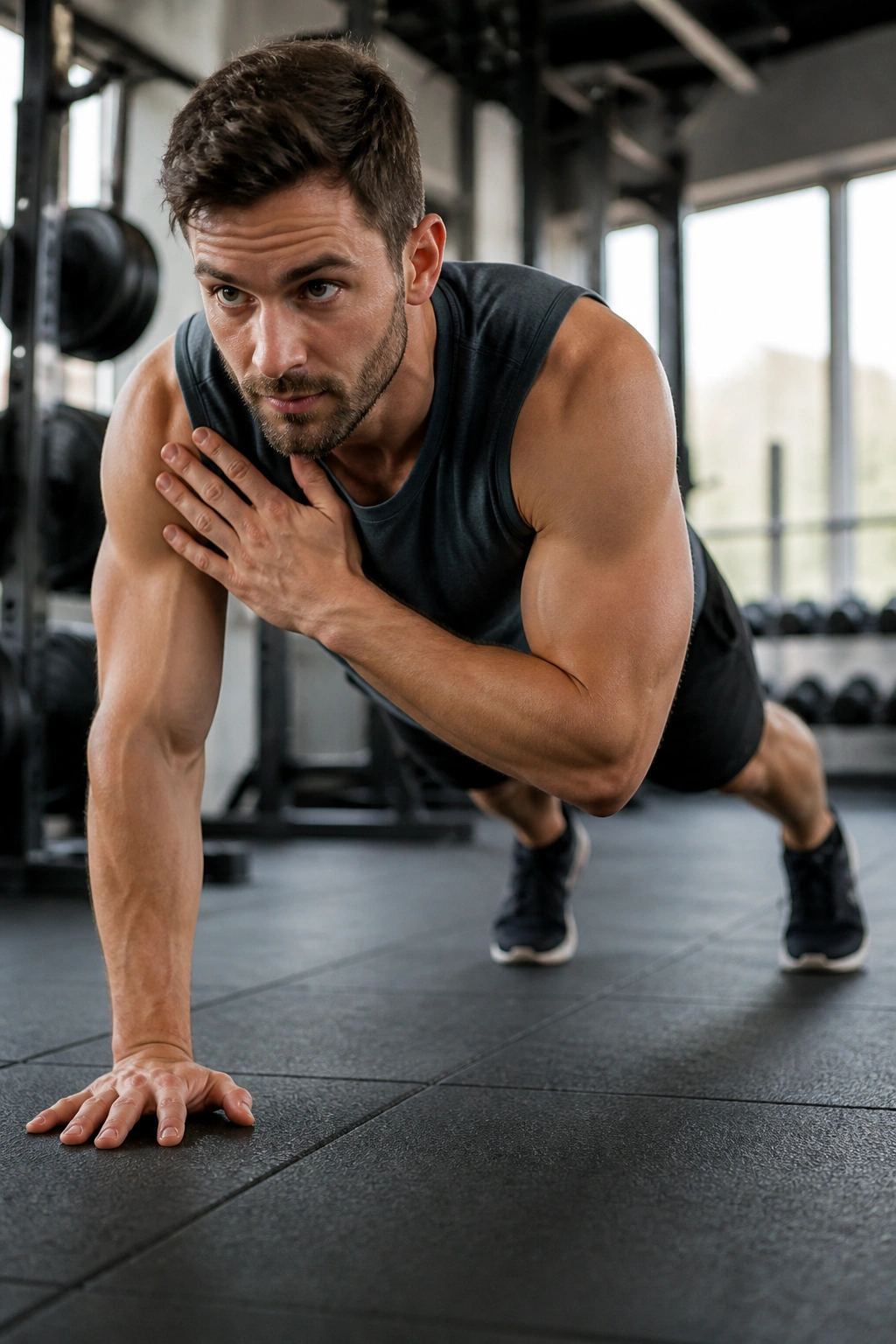 Close-up of a real person in high plank performing a push-up to shoulder tap, core braced.