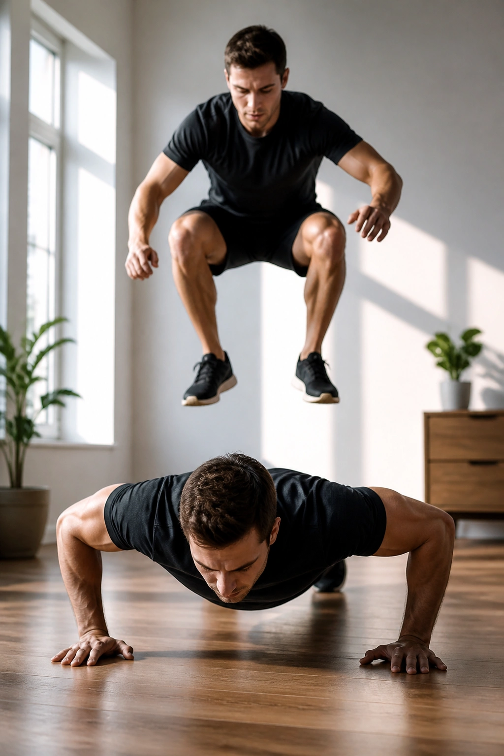 Real person performing a burpee-like movement in a home setting