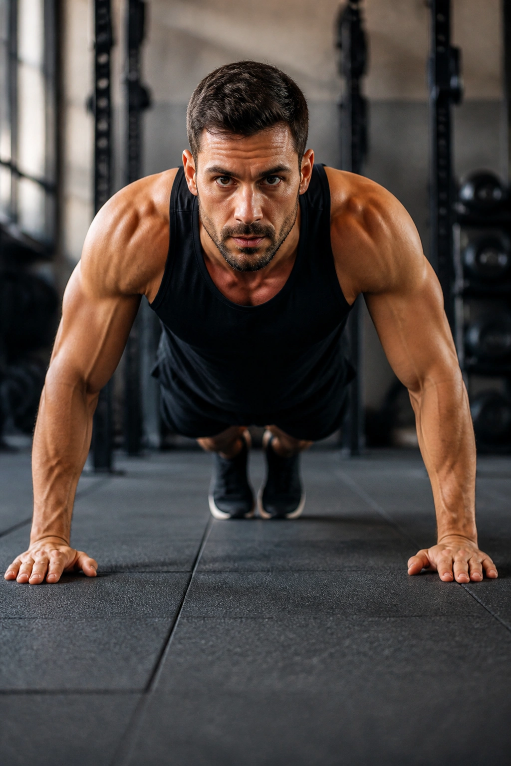 Person performing push-up in gym maintaining straight line from head to heels