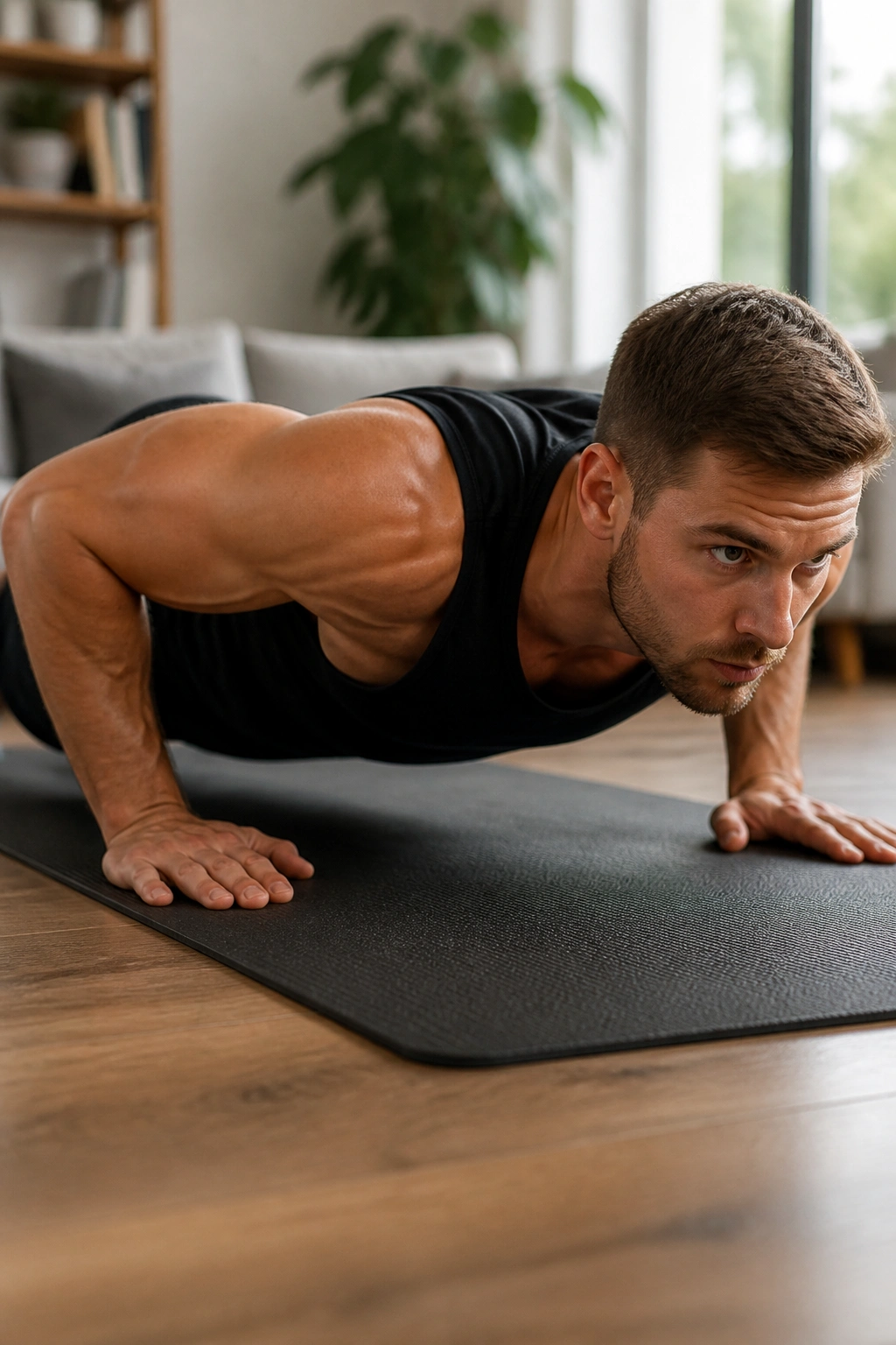 Real person doing push-ups in living room