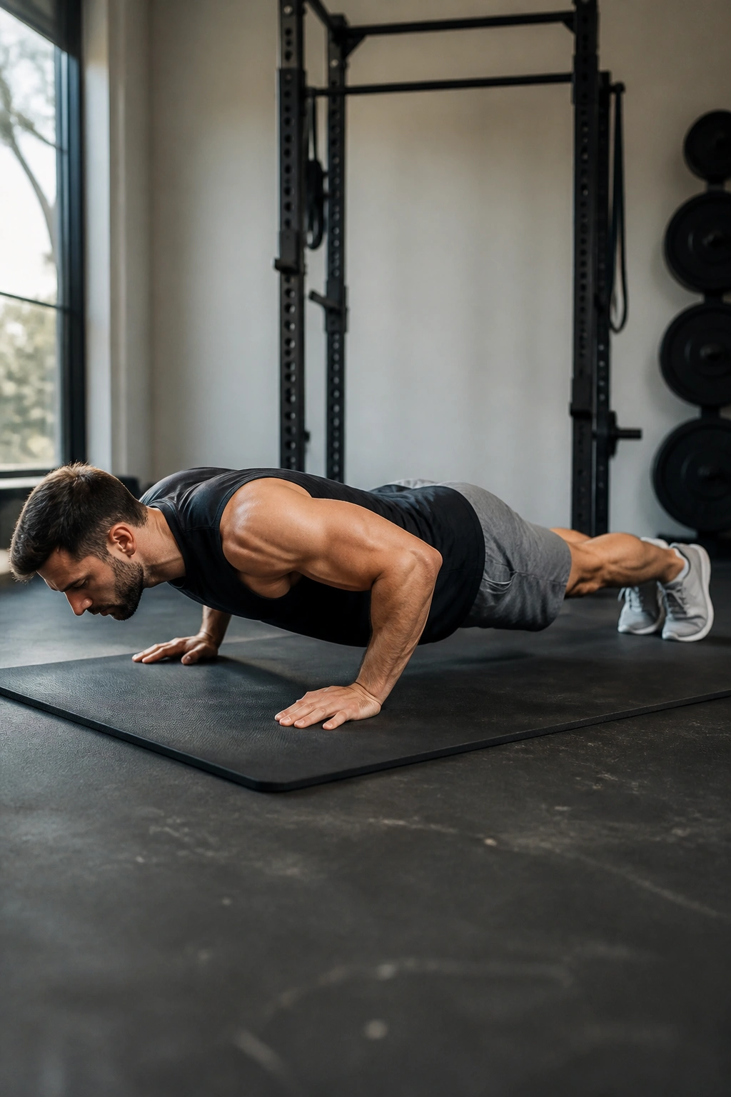 Person performing a push-up with perfect form on a mat.