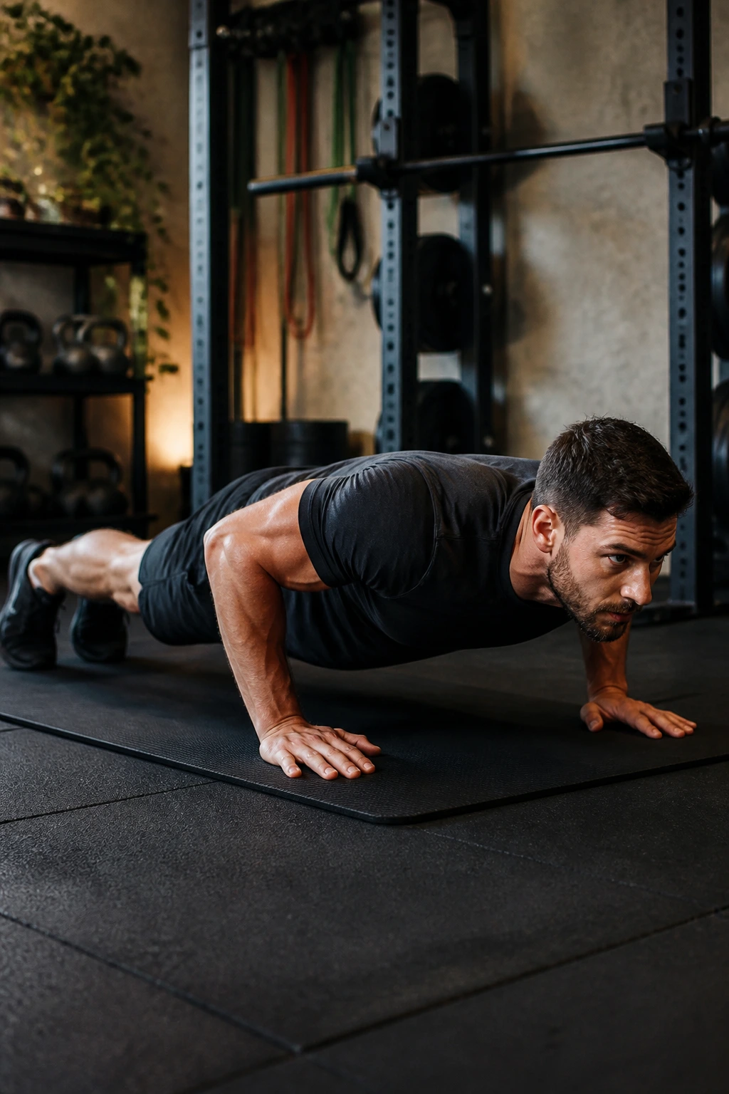 Person performing push-ups with a straight body line on a gym mat.