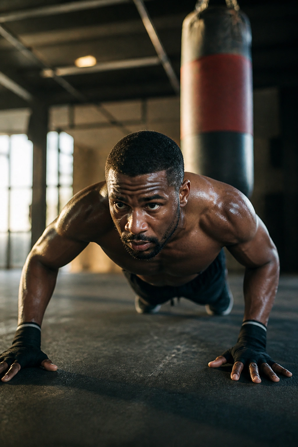 Boxer performing explosive push-ups in gym