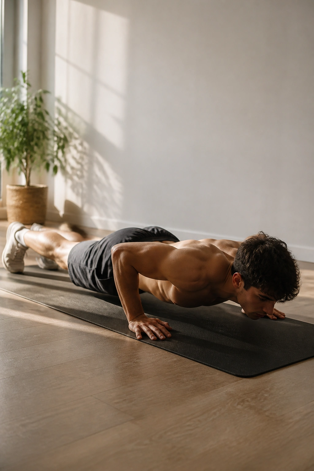 Person performing push-ups in a home space