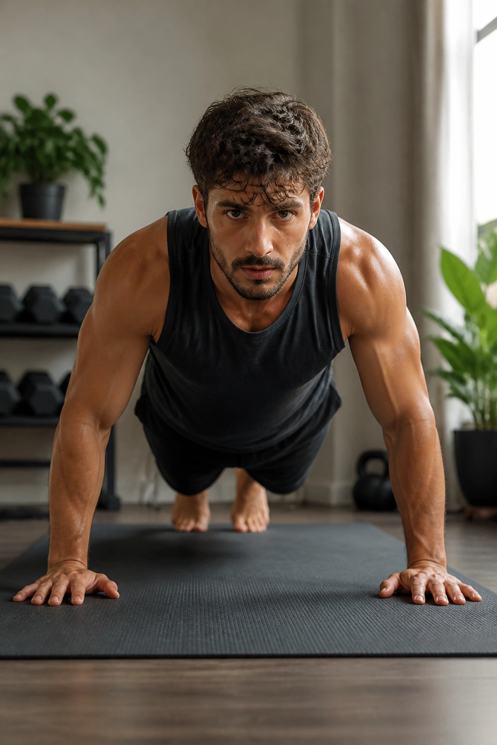 Real person performing push-up on mat in home gym