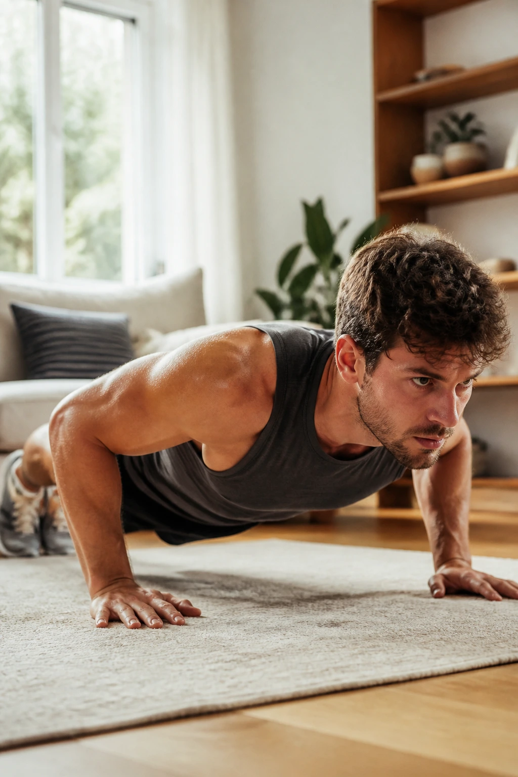 Medium close-up of a person performing a push-up with proper form in a bright living room