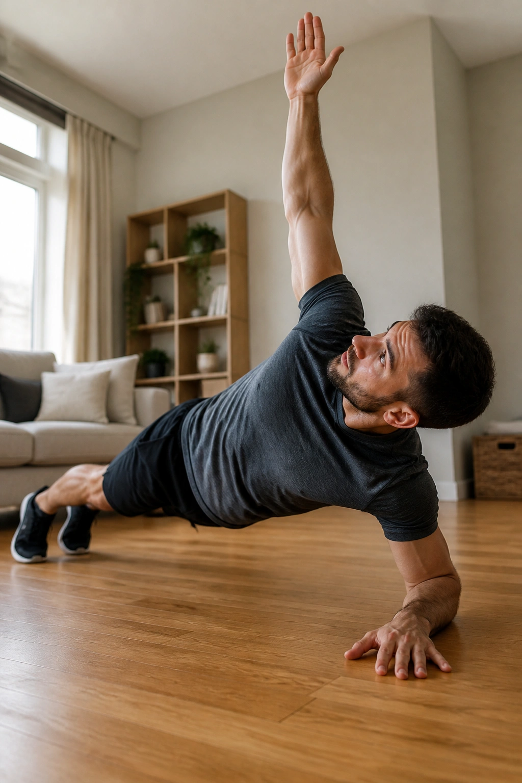 Medium close-up of a person performing a push-up with a T-rotation, showing core stability and shoulder rotation.