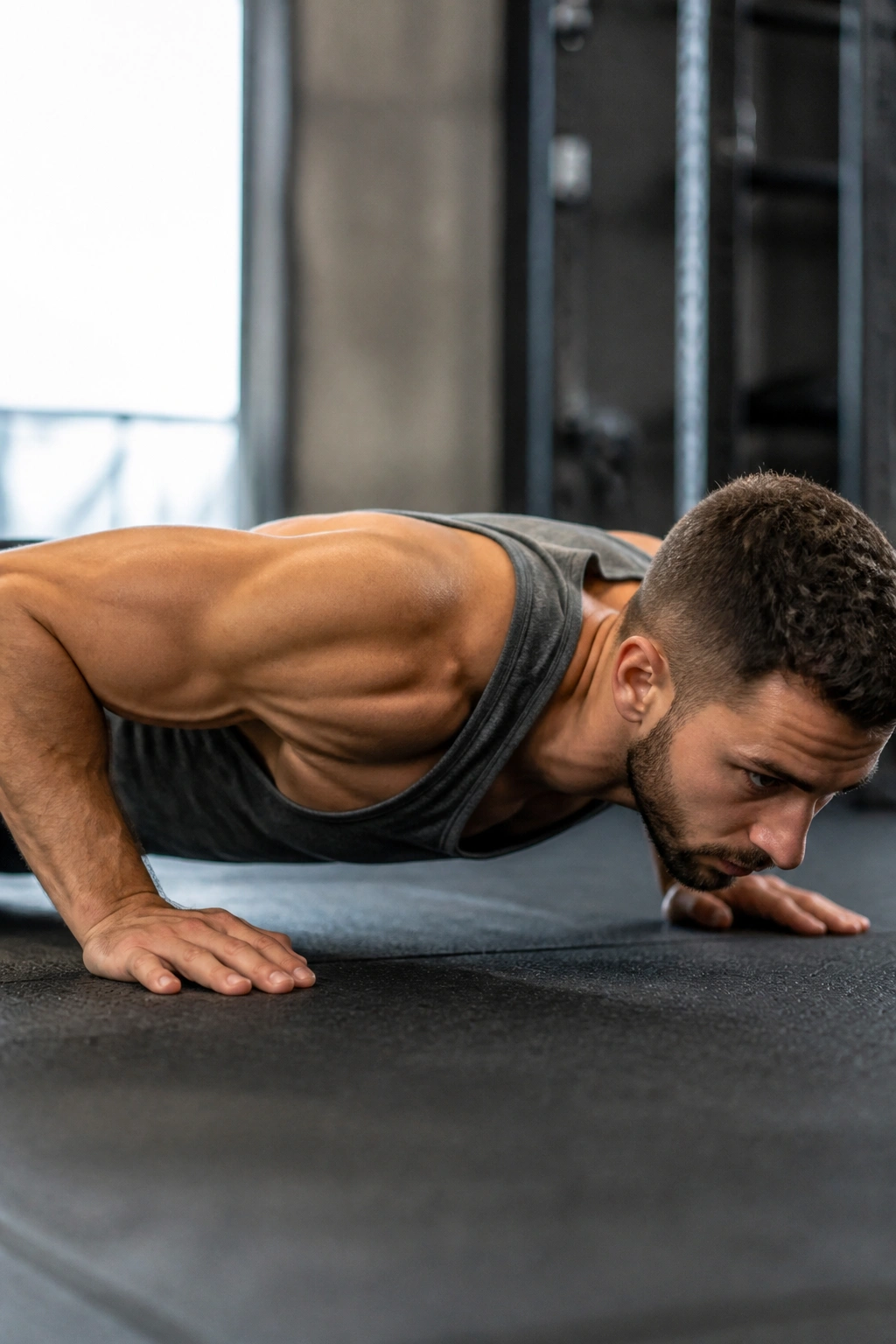 Real person doing a push-up in a gym