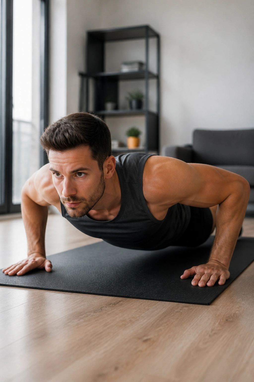 Real person performing a push-up on a mat at home with proper form.