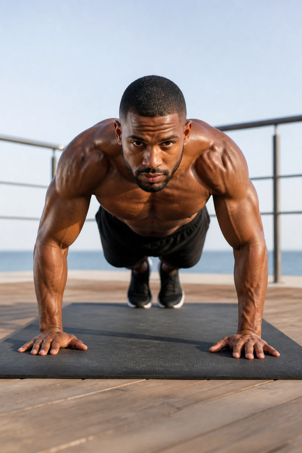 Person performing a push-up with proper alignment on a mat