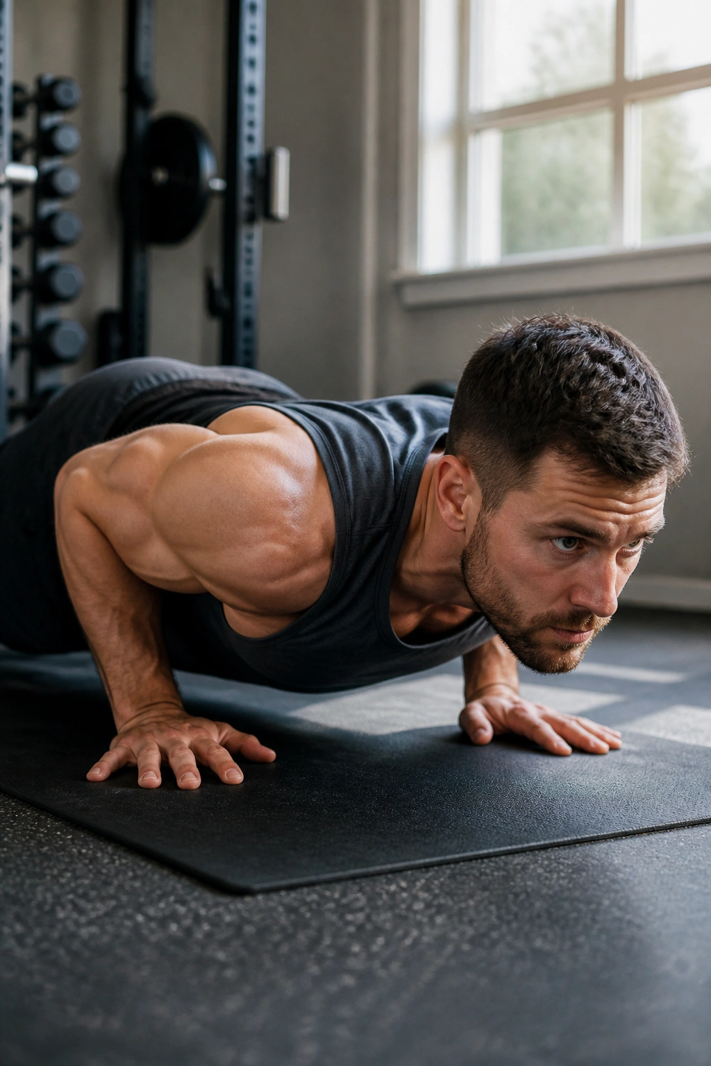 Person in pushup bottom hold in a home gym showing isometric and explosive work