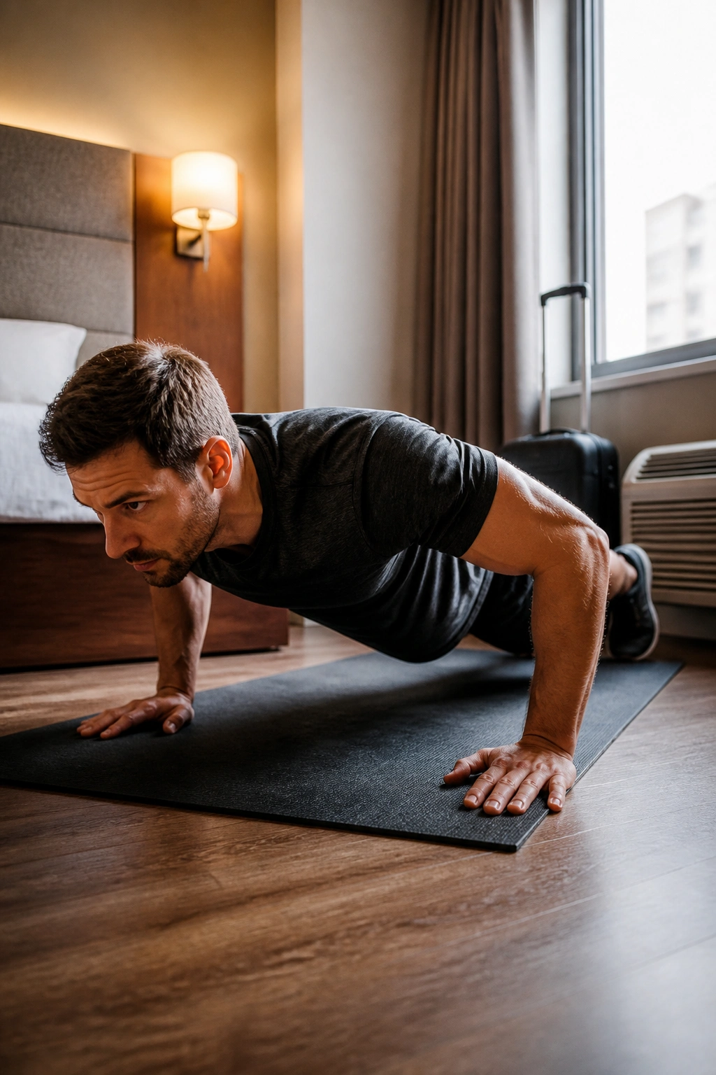 Real person doing a push-up in a small hotel room, no equipment.