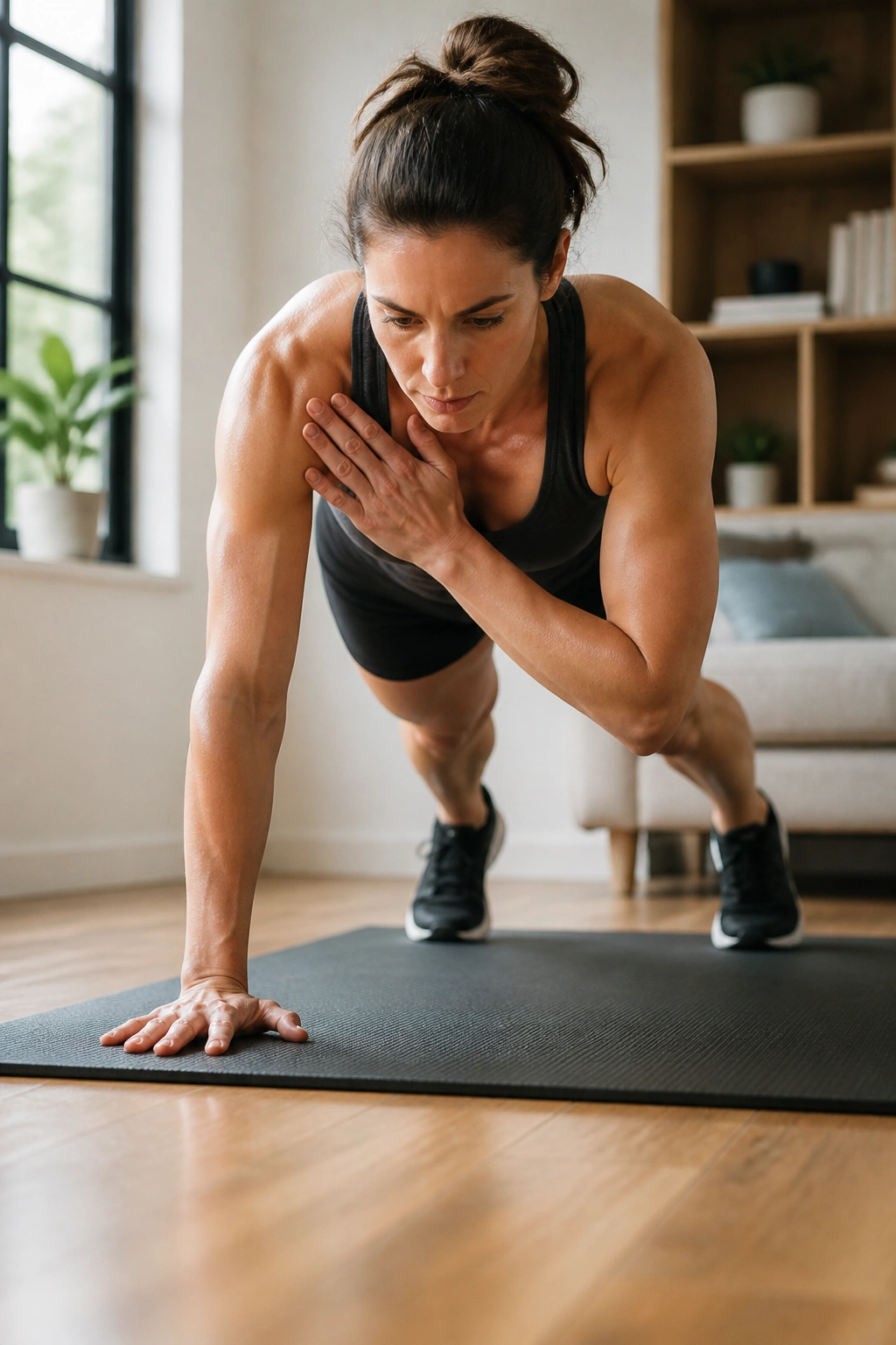 Person in high plank performing a plank tap in a home workout space
