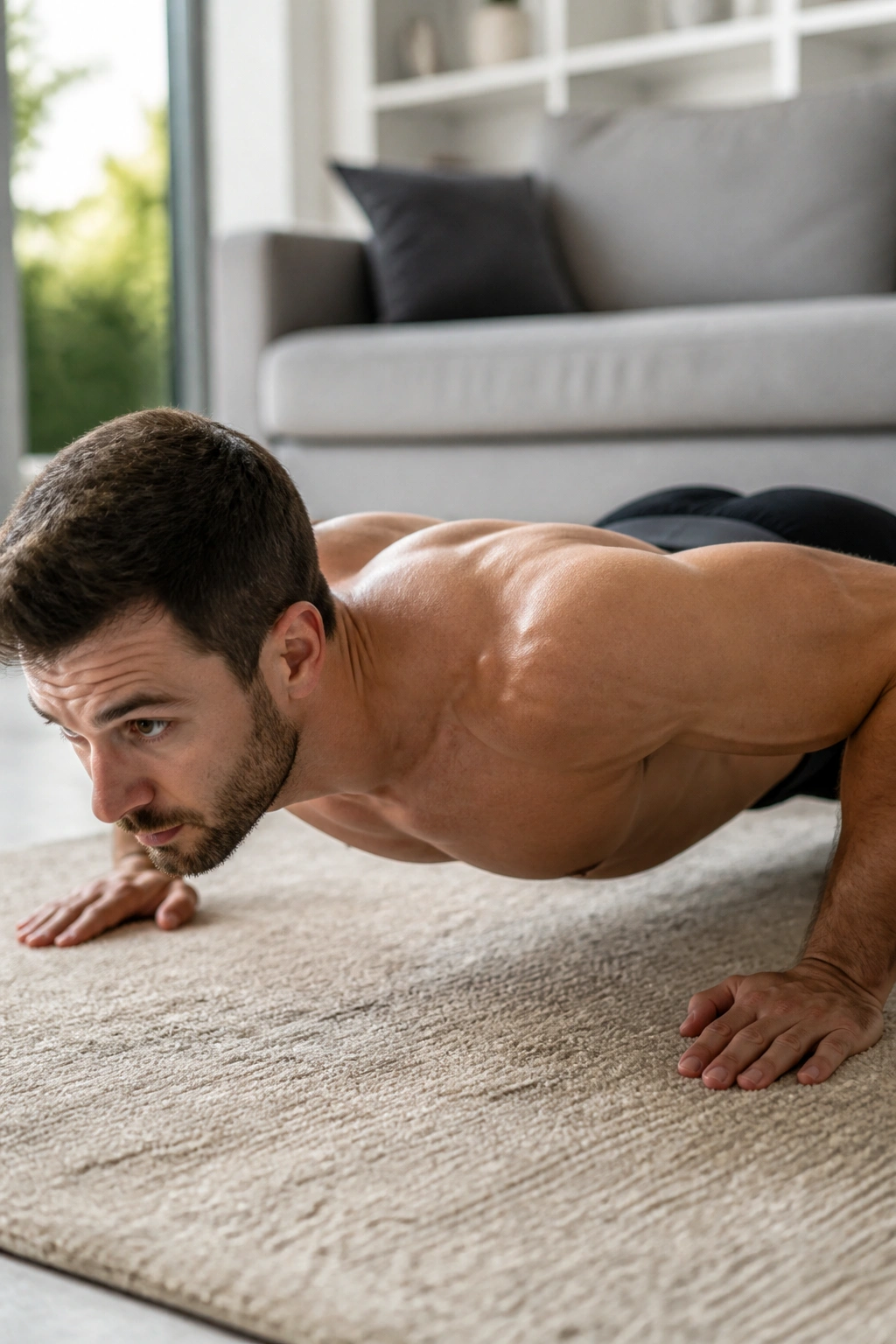Close-up of a person doing a push-up on a home floor showing chest and arms