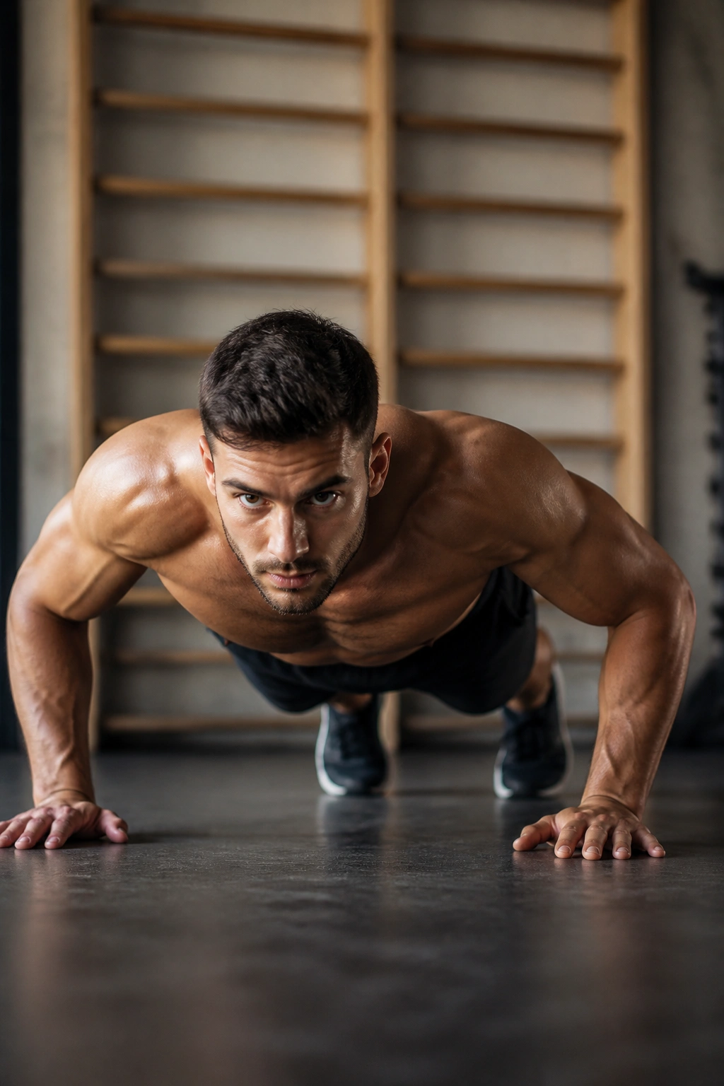 Close-up of a person performing a push-up with a ladder in the background.