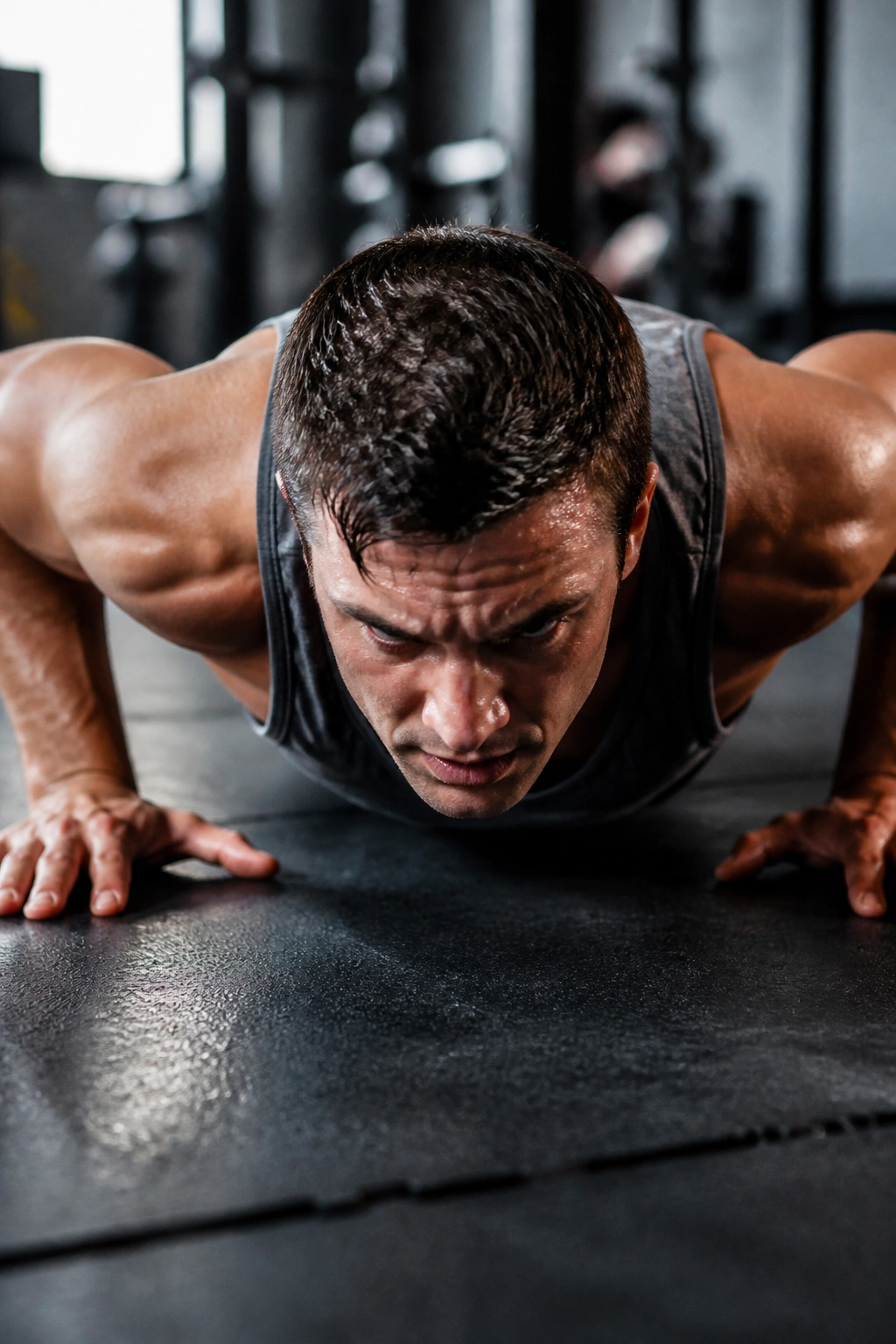 Close-up of a person performing push-ups with intense effort in a gym