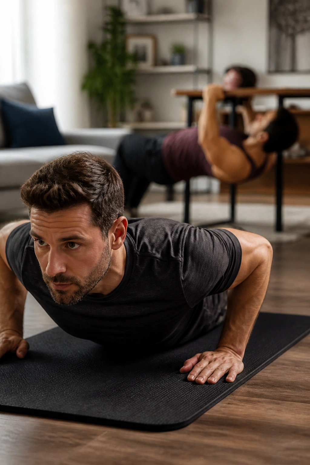Close-up of a real person performing push-ups as part of a ladder and inverted row session.