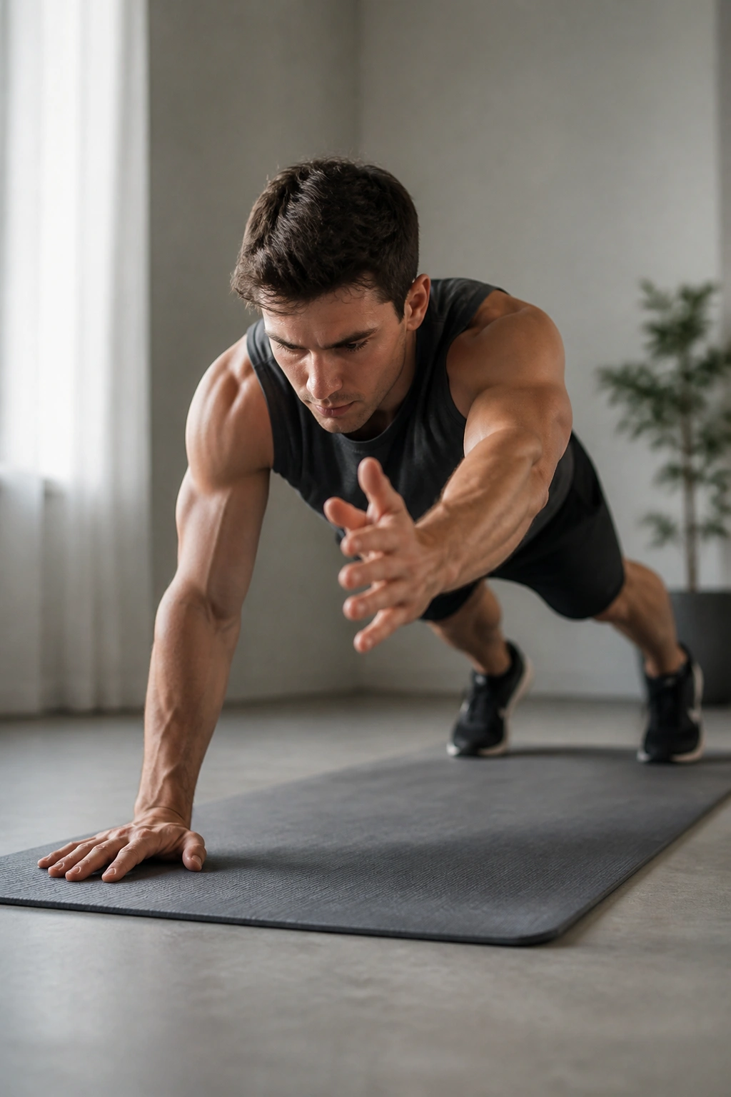 Person in push-up position performing shoulder taps and plank reaches in a home setting