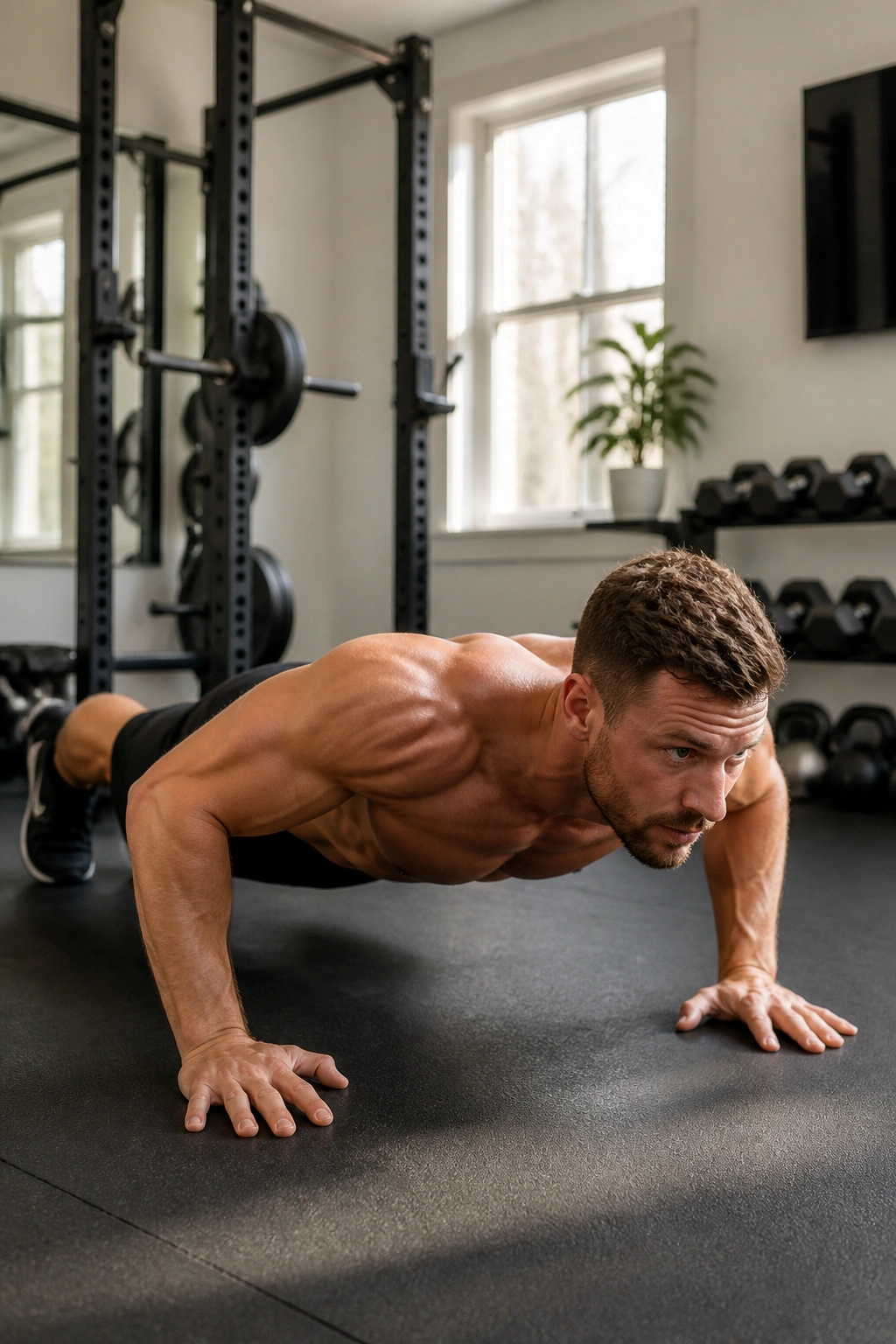 Person doing pushups in a descending pyramid burnout workout at home