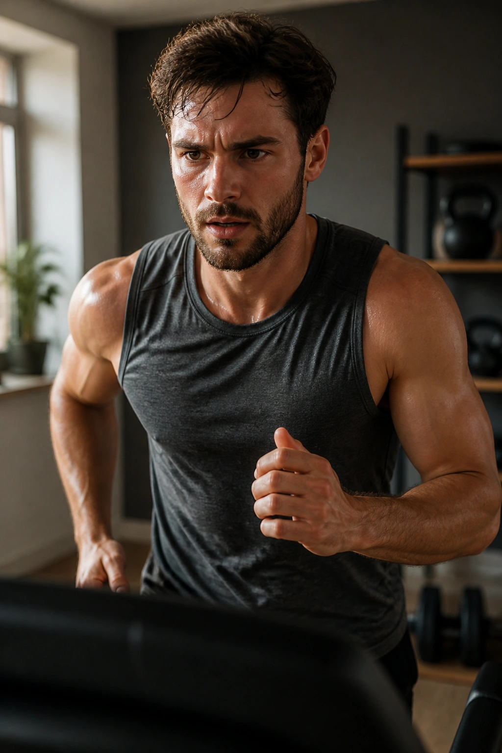 Runner on treadmill during pyramid down finish in a home gym