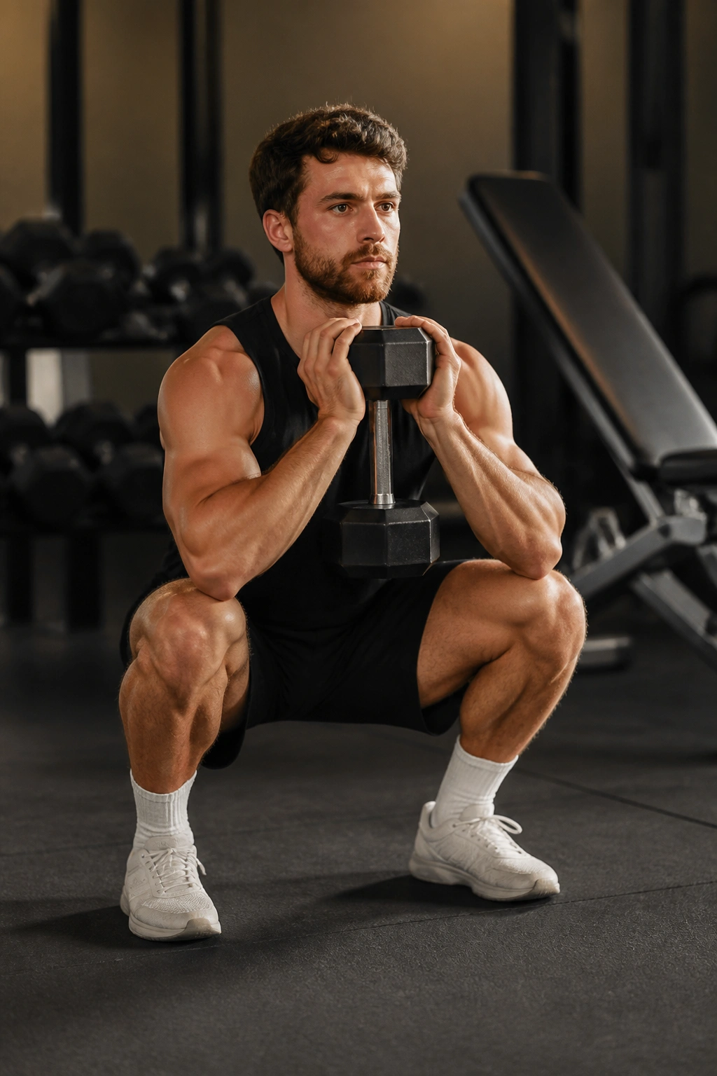 Lifter performing goblet squat as part of pyramid workout in gym