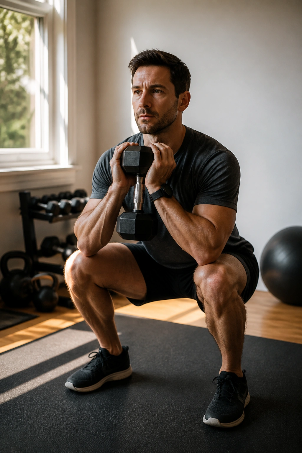 Lifter performing goblet squats in a home gym, representing pyramid sets.