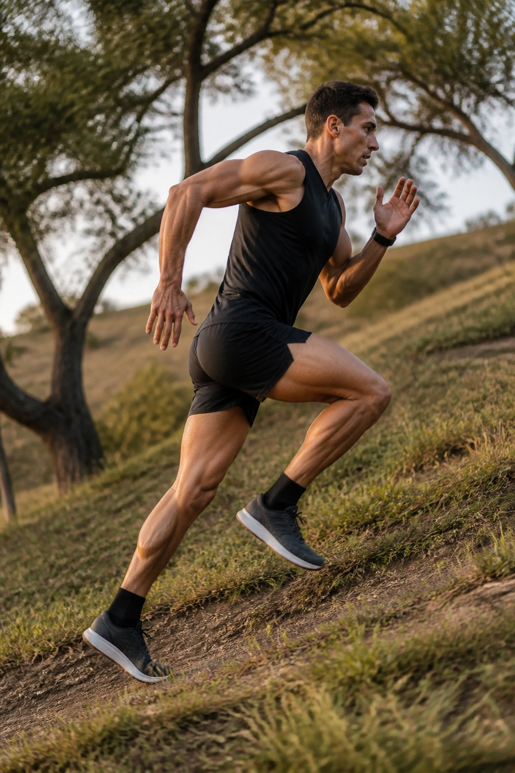 Runner performing a fast uphill rep on a moderate hill
