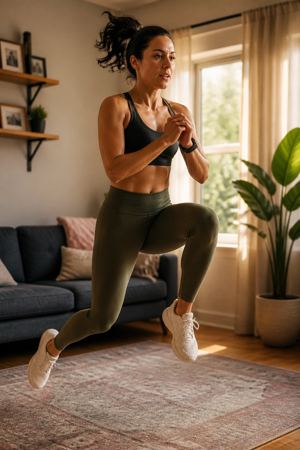 Person performing a lunge jump during pyramid ladder workout at home