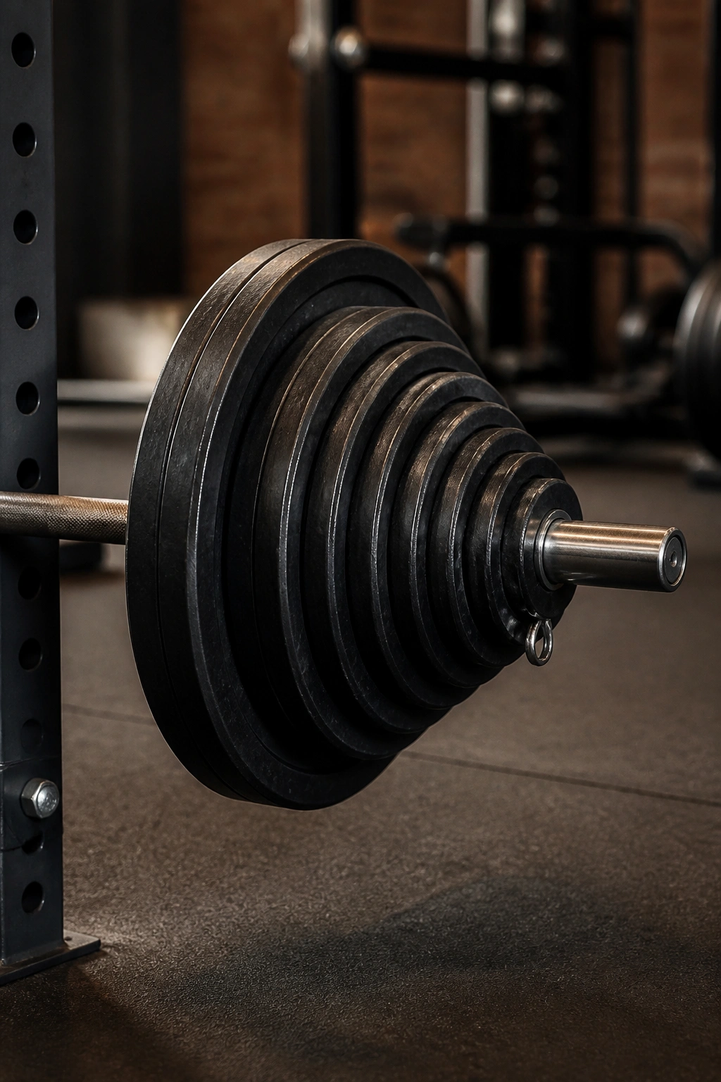 Barbell with pyramid stack of plates in a gym corner