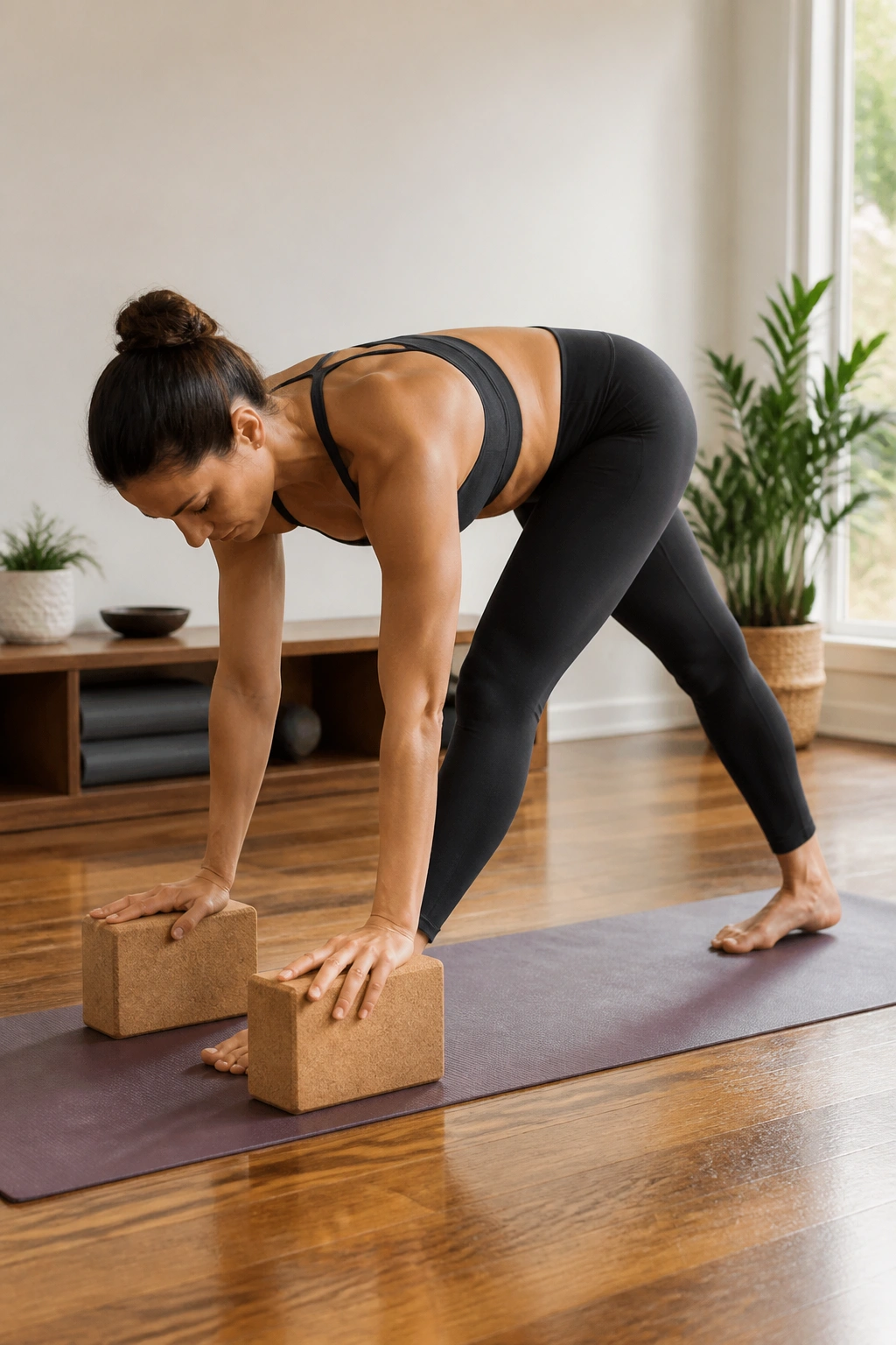 Medium close-up of a person in Pyramid Pose with hips squared and spine long using blocks for support