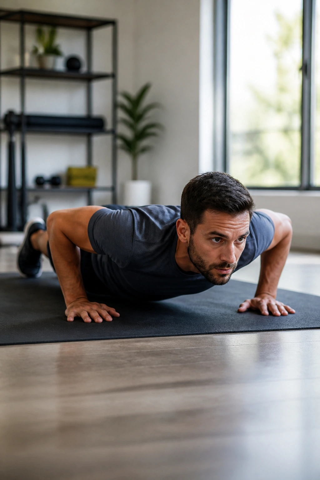 Person performing a push-up with controlled tempo in a home gym