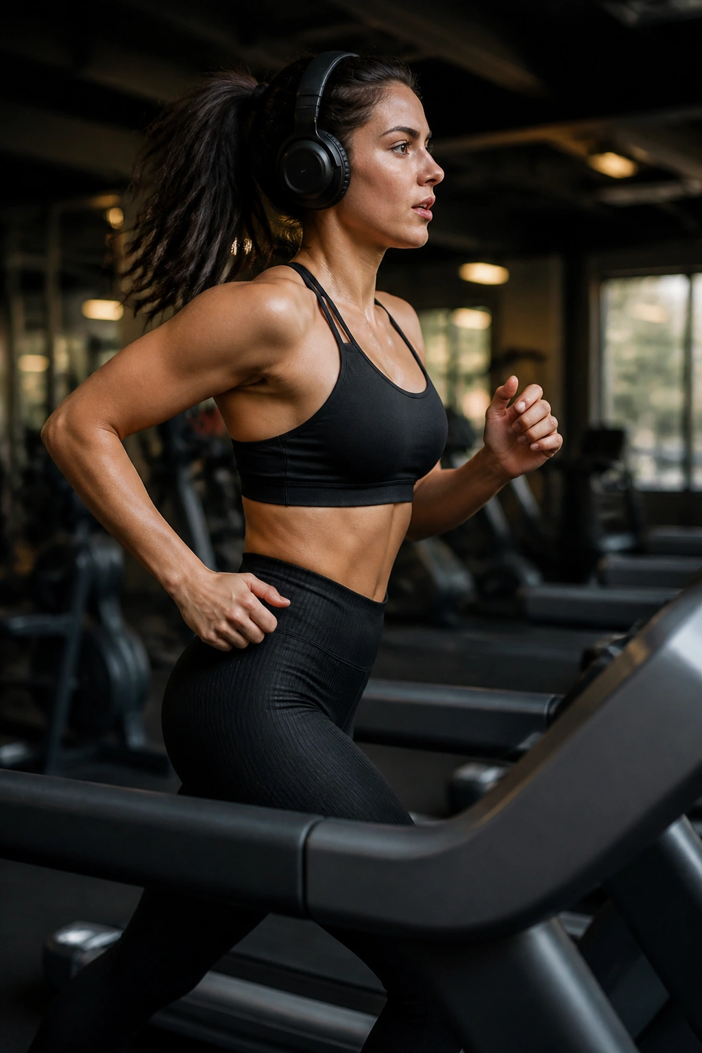 Person on treadmill mid-stride during pyramid interval workout