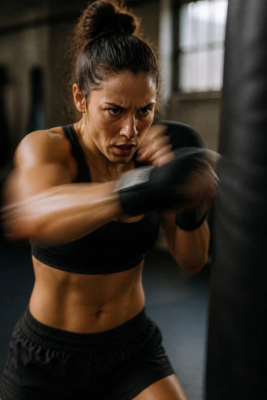 Athlete performing pyramid punching sequence in gym