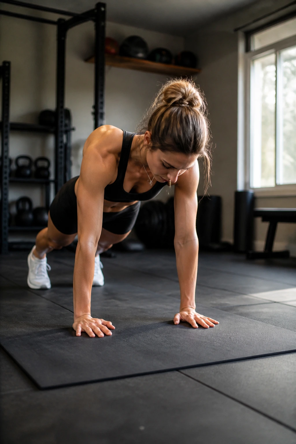 Mid-shot of a person performing squat thrusts as part of a pyramid workout