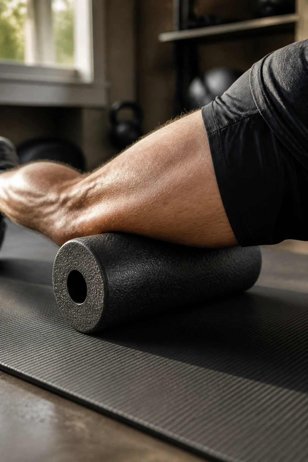 Quad foam rolling close-up on thigh with foam roller on a mat