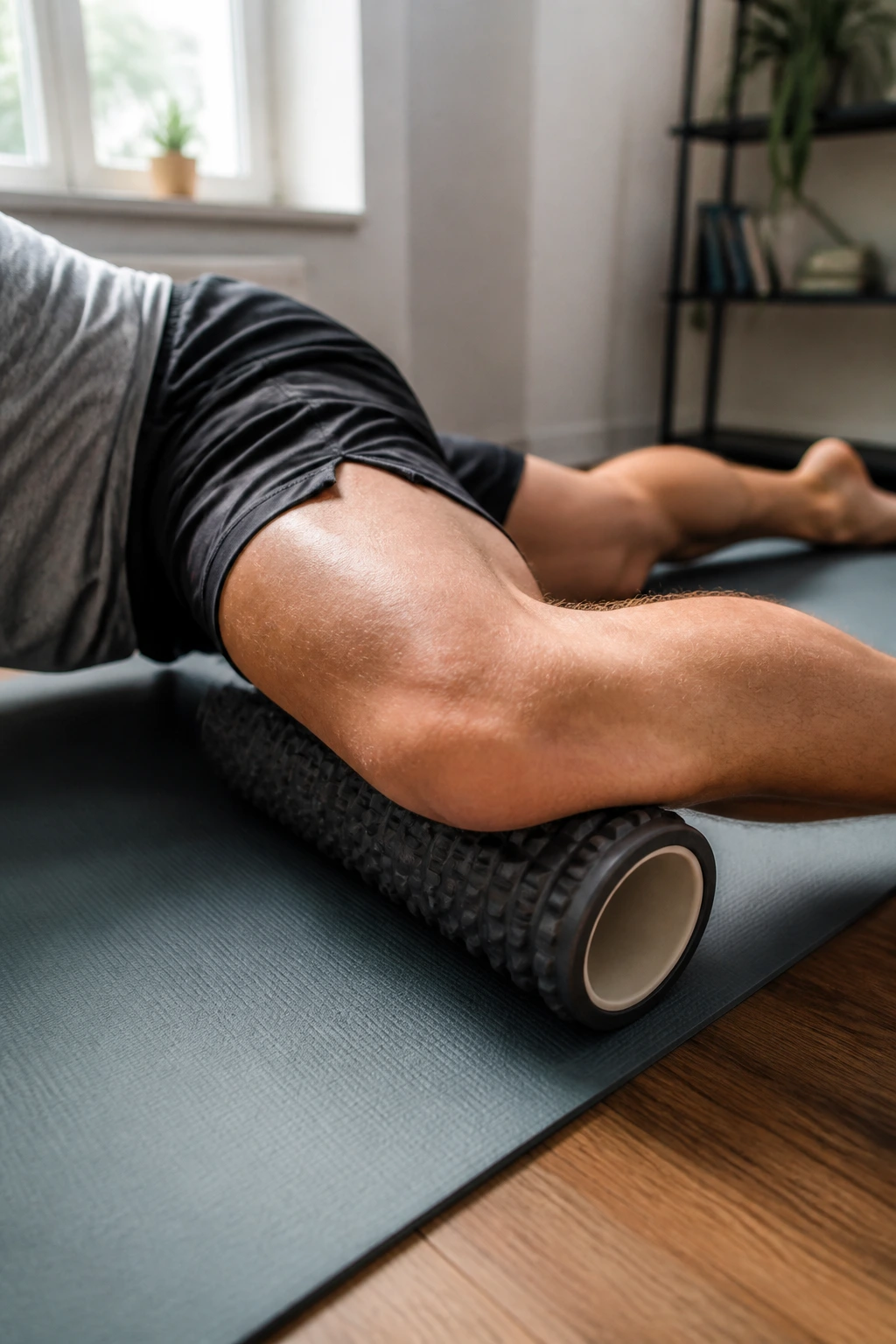 Close-up of a person foam rolling the quadriceps on a mat