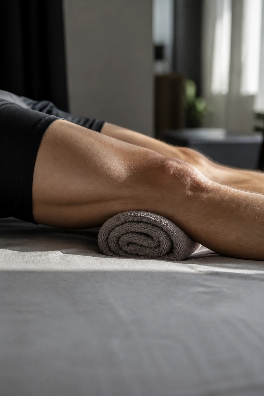 Close-up of a quad sets isometric contraction with towel under knee
