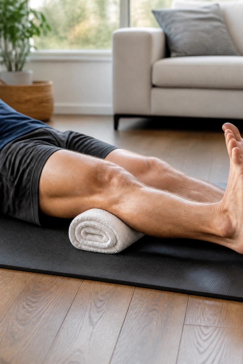 Close-up of knee with rolled towel under it during a quad-set contraction