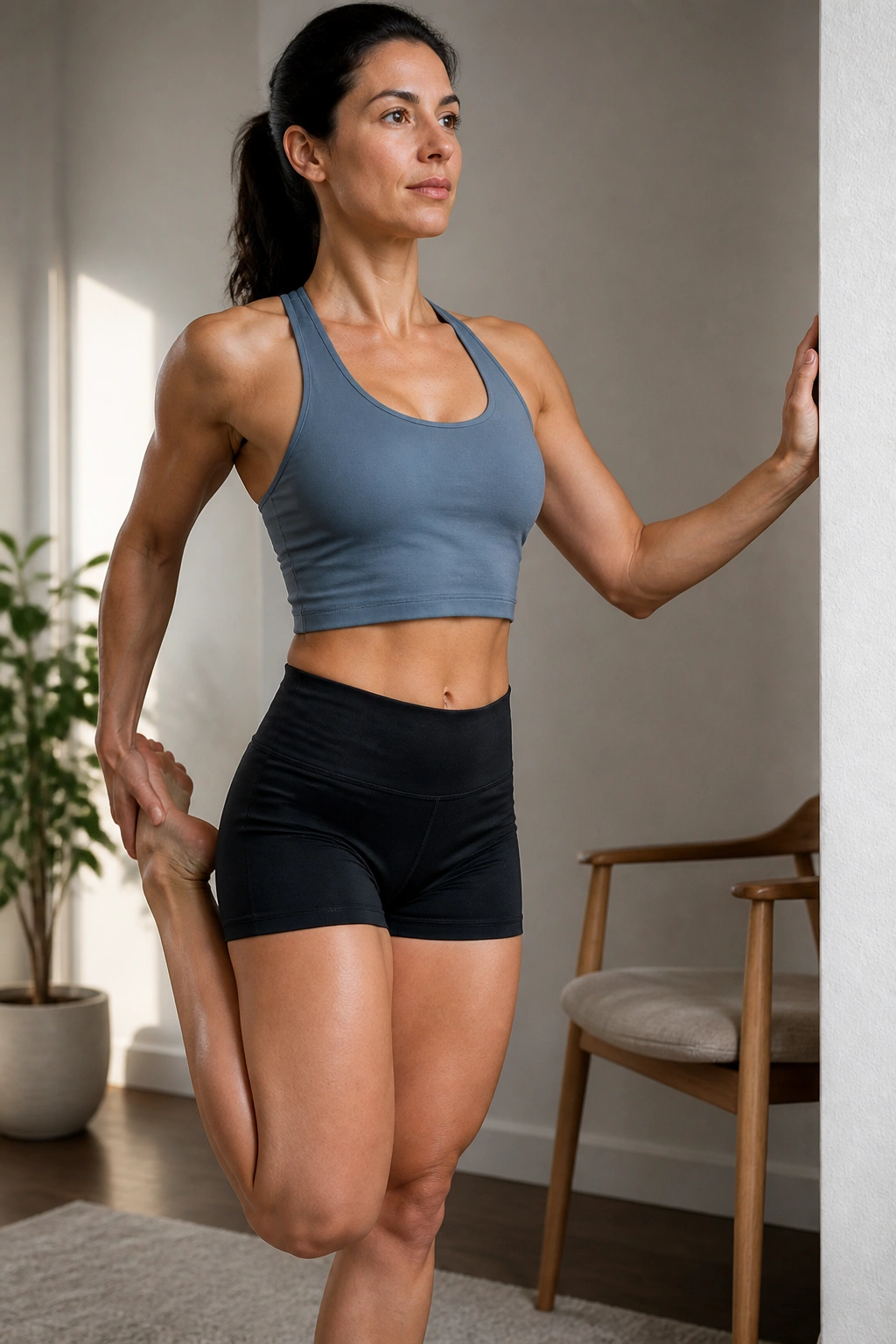 Medium close-up of standing quad stretch showing knee near the glute