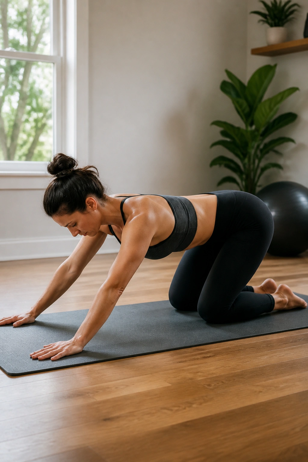 Person on all fours performing quadruped rock-backs with brace