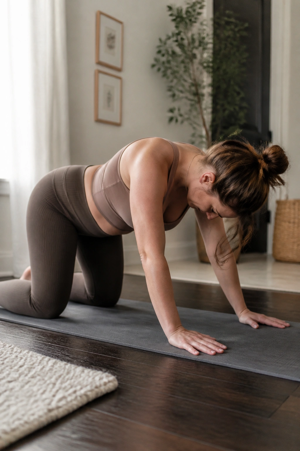 Real person performing Quadruped Rock-Backs on a mat