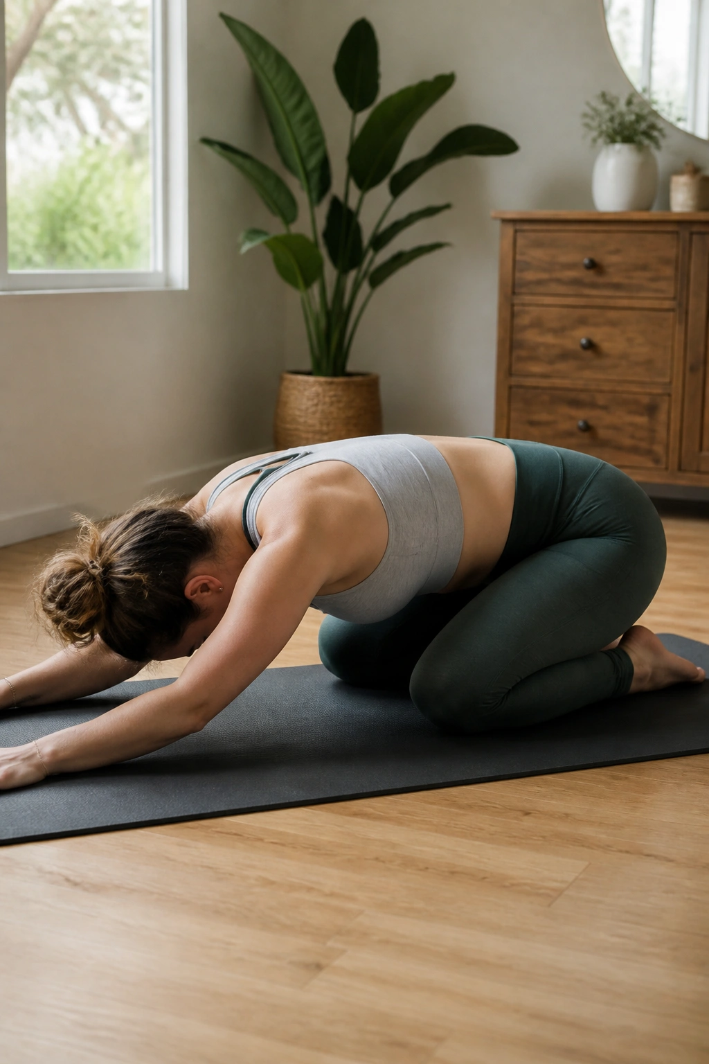 Person on hands and knees performing quadruped rock backs, hips moving toward heels